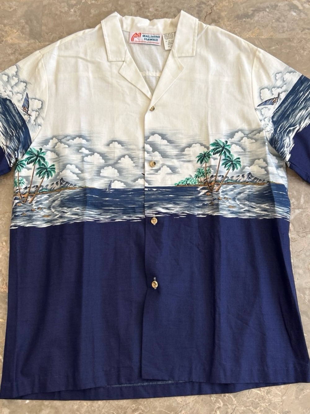 Vintage 1990s Malihini Hawaii Hawaiian Shirt L Made USA Ocean Palm Tree Aloha